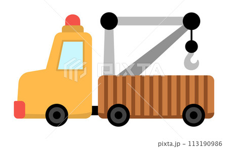 Vector tow truck. Construction site and road work flat icon. Building transportation clipart. Cute special transport or repair service illustration. Yellow evacuator vehicle for kids 113190986
