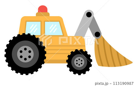 Vector tractor with shovel. Construction site and road work flat icon. Building transportation clipart. Cute special transport or repair service illustration. Yellow excavator with scoop for kids Vector tractor with shovel. Construction site and road work flat icon. Building transportation clipart. Cute special transport or repair service illustration. Yellow excavator with scoop for kids 113190987