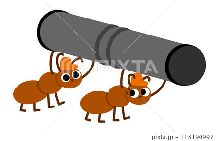 Vector ants in hard hats bringing big metal pipe. Construction site worker illustration for kids. Funny builder insect characters. Cute animal repairmen icon isolated on white background 113190997