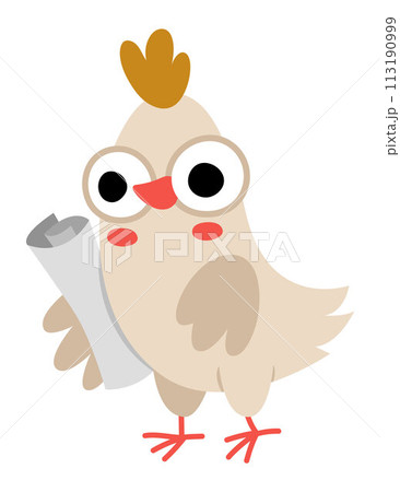 Vector hen engineer with blueprint. Construction site worker illustration for kids. Funny builder chicken character with plan. Cute bird repairmen icon isolated on white background 113190999