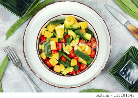 Fresh vegetable salad with runner beans in bowl Fresh vegetable salad with runner beans in bowl 113191543