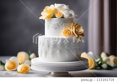 Wedding cake decorated with flowers in peach and yellow hues. In-house bakery 113191719