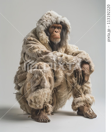 Chimpanzee Animal sitting on the floor, wearing a furry suit on white background fashion studio photography 113192220