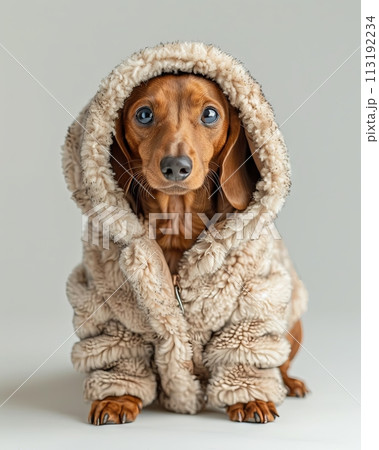 Dachshund dog Animal sitting on the floor, wearing a furry suit on white background fashion studio photography Dachshund dog Animal sitting on the floor, wearing a furry suit on white background fashion studio photography 113192234