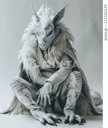Dragon Animal sitting on the floor, wearing a furry suit on white background fashion studio photography 113192235