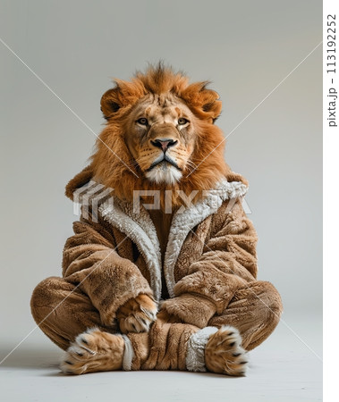 Lion Animal sitting on the floor, wearing a furry suit on white background fashion studio photography Lion Animal sitting on the floor, wearing a furry suit on white background fashion studio photography 113192252