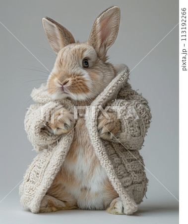 Rabbit bunny Animal sitting on the floor, wearing a furry suit on white background fashion studio photography 113192266