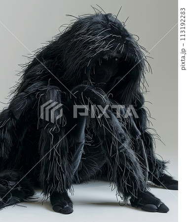 Spider Animal sitting on the floor, wearing a furry suit on white background fashion studio photography Spider Animal sitting on the floor, wearing a furry suit on white background fashion studio photography 113192283
