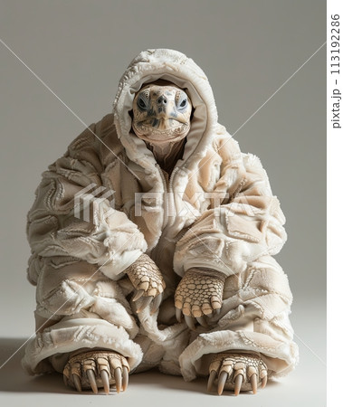 Turtoise turtle Animal sitting on the floor, wearing a furry suit on white background fashion studio photography 113192286