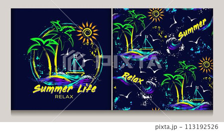 Summer holiday circular emblem, seamless pattern with tropical island, yacht, sun icon, ocean waves, text. Paint brush strokes, splattered paint. Neon fluorescent colors. Outline contour illustrations 113192526
