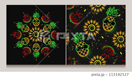 Summer seamless pattern, circular ornament with icons of pineapple, watermelon, sun icon, splattered paint. Bright glowing fluorescent neon colors. Outline, contour illustrations. 113192527