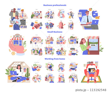Business set. Diverse professionals engage in teamwork and presentations. Small business owners celebrate openings and sales. Remote work from various home settings. Vector illustration. 113192548
