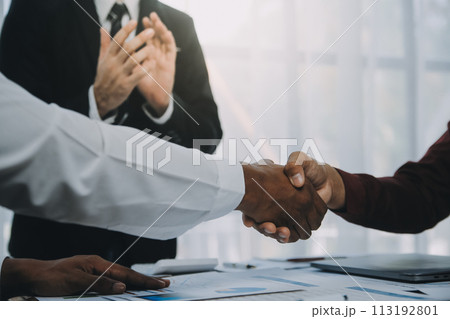 Real estate agent and customers shaking hands together celebrating finished contract after about home insurance and investment loan, handshake and successful deal. Real estate agent and customers shaking hands together celebrating finished contract after about home insurance and investment loan, handshake and successful deal. 113192801