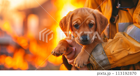 female firefighter holding a rescued puppy in her hands against the backdrop of a burning house copy space International Firefighters' Day 113192870
