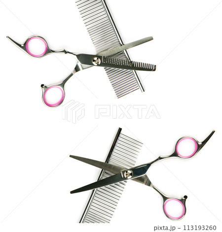 Scissors and comb for grooming pets isolated on a white. Collage. Scissors and comb for grooming pets isolated on a white. Collage. 113193260