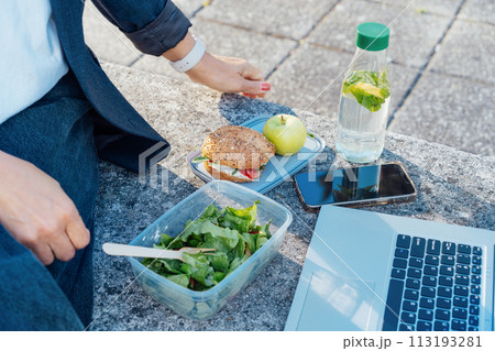 Side view business woman having lunch break, eating fast and healthy in front of laptop outdoors. Balanced diet lunchbox with fresh salad, sandwich, apple, water. Healthy eating habits and well-being Side view business woman having lunch break, eating fast and healthy in front of laptop outdoors. Balanced diet lunchbox with fresh salad, sandwich, apple, water. Healthy eating habits and well-being 113193281