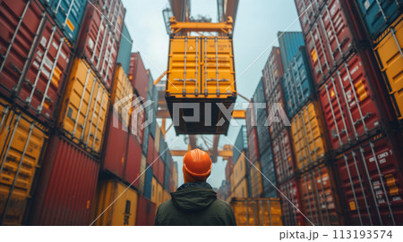 Industrial worker or engineer working at overseas shipping container yard. Logistics supply chain management and international goods export concept. 113193574