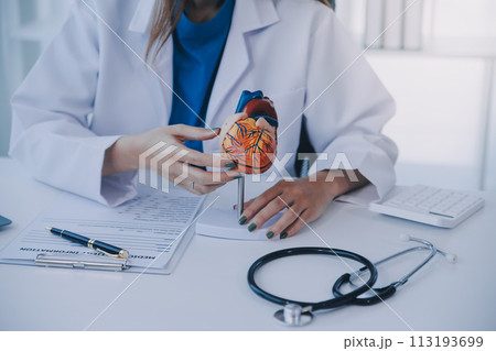 Doctor explaining heart to elderly patient. Doctor explaining the heart model. Doctors pen point to a model of the heart Doctor explaining heart to elderly patient. Doctor explaining the heart model. Doctors pen point to a model of the heart 113193699