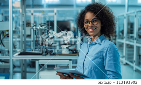 Woman Holding Tablet in Blue Shirt 113193902