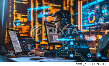 Man Using Laptop With Headphones Man Using Laptop With Headphones 113193914