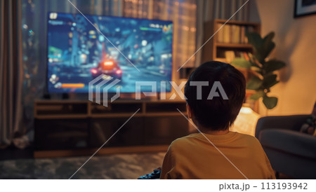 Boy Playing Video Game in Chair 113193942