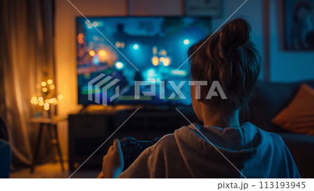 Girl Playing Video Game in Chair Girl Playing Video Game in Chair 113193945