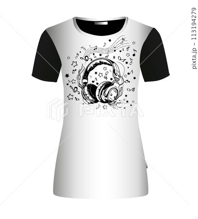 Music design. Abstraction music. Headphones and notes. T-shirt printing. hand drawing. Not AI. Vector illustration 113194279