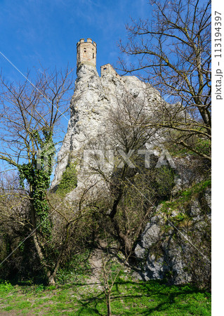 Devin castle fortified walls and Maiden tower on the bank of Danube, Bratislava, Slovakia 113194397