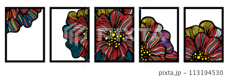 Set of abstract flower posters. Trendy botanical wall arts with floral design. Graphic colored flowers wall paintings. Modern naive groovy funky interior decorations, paintings. Vector 113194530