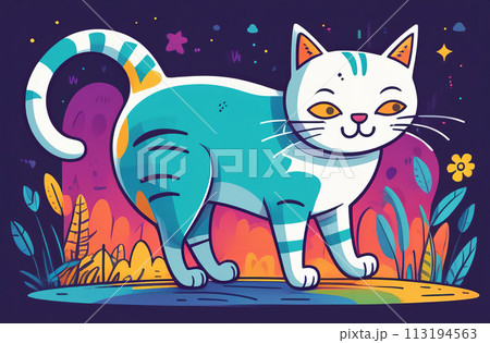 A whimsical cat illustration with a vibrant cosmic and floral backdrop 113194563