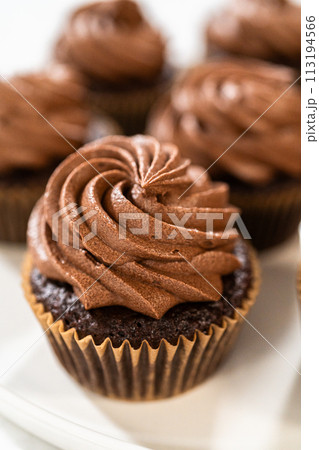 Freshly baked cupcakes have been masterfully infused with rich caramel and adorned with velvety chocolate frosting, all elegantly presented on a pristine white serving plate. 113194566