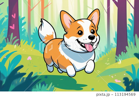 Joyful Corgi Frolicking in Sunlit Forest Joyful Corgi Frolicking in Sunlit Forest 113194569