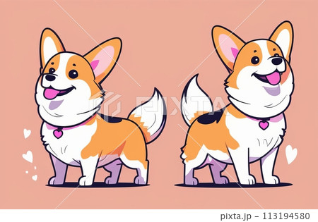 Two happy corgis with pink collars and hearts, illustrated on peach background 113194580