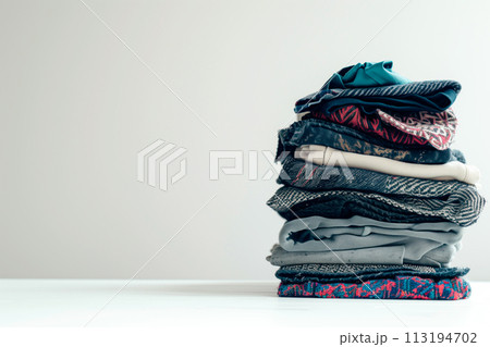 Pile of knitted sweaters and cozy scarves on solid background with copy space, Stack of clothes Pile of knitted sweaters and cozy scarves on solid background with copy space, Stack of clothes 113194702