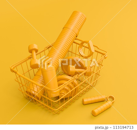 Sport equipment for fitness, gym in shopping basket on monochrome 113194713