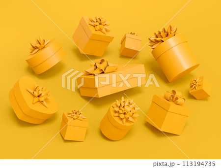 Gift boxes with ribbon and bow for Christmas flying and falling on monochrome Gift boxes with ribbon and bow for Christmas flying and falling on monochrome 113194735