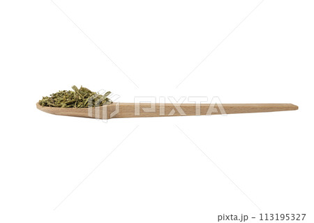 Dried leaves o Lemon verbena in latin Aloysia citrodora on wooden spoon isolated on white background. Medicinal. herb. Dried leaves o Lemon verbena in latin Aloysia citrodora on wooden spoon isolated on white background. Medicinal. herb. 113195327
