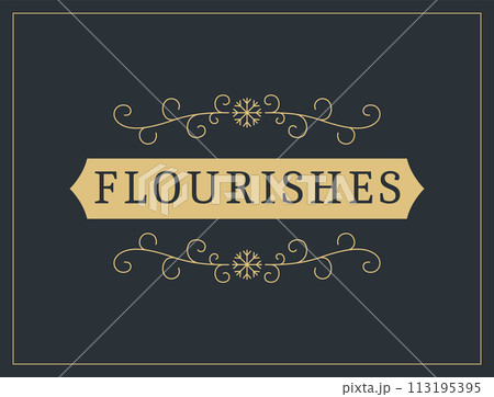 Flourishes calligraphic vintage ornamental background. Vector luxury invitation, restaurant menu or royalty certificate. Golden ornate page with swirls and vignettes elements Flourishes calligraphic vintage ornamental background. Vector luxury invitation, restaurant menu or royalty certificate. Golden ornate page with swirls and vignettes elements 113195395