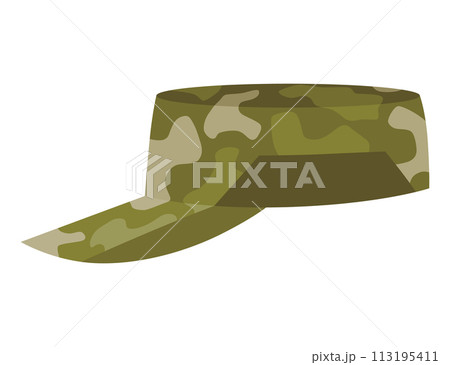 Military clothes, equipment for soldier. Woodland camouflage style, isolated icon. Isolated hat. Flat cartoon, vector illustration 113195411