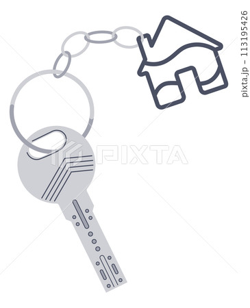 Door keys keyfob. Ring with trinket, keychains plastic tag hanging on keyring. House, apartment or room locking accessories. Cartoon flat vector isolated on white background 113195426