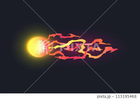 Cartoon laser gun beam. Alien combat weapon rays. Futuristic shot effect. Destructive plasma flow. Bomb blaster attack explosion. Vector game element 113195468