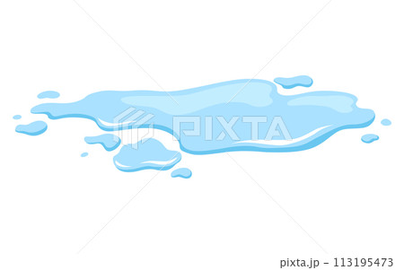 Water spill puddle. Blue liquid shape in flat cartoon style. Clean fluid drop design element isolted on white background Water spill puddle. Blue liquid shape in flat cartoon style. Clean fluid drop design element isolted on white background 113195473