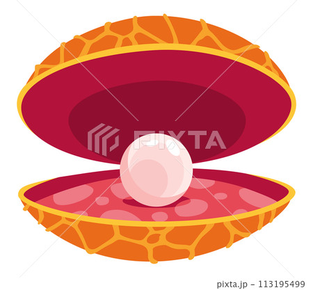 Pearl in seashell. Open seashels scallop and pearl shell icon. Beautiful pearl in clam shell in cartoon flat style. Vector illustration isolated on white background 113195499