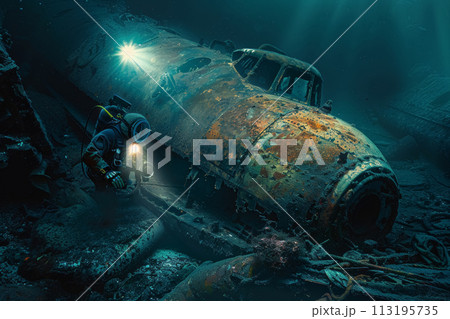 Underwater Diver Discovers Plane 113195735