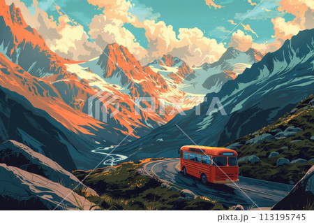 Serene Mountain Journey with Vintage Bus 113195745