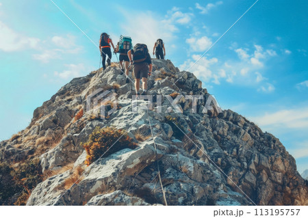 Hikers Conquering Mountain Peak 113195757
