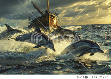 Dolphins Leaping by Old Boat Dolphins Leaping by Old Boat 113195772