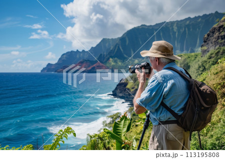Senior Photographer Capturing Scenic Landscape 113195808