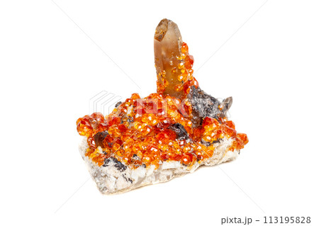 macro mineral stone Spessartine, orange, red garnet with quartz on white background 113195828