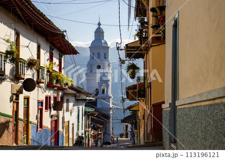 View of the beautiful Heritage Town of Salamina located at the Department of Caldas in Colombia 113196121